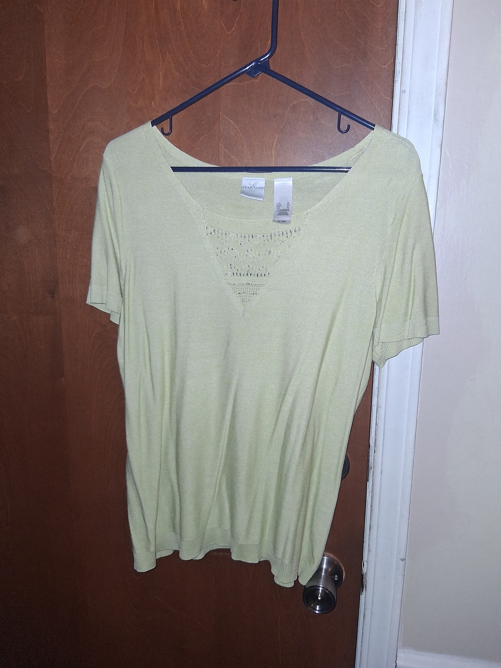 Emma James Light Green Knit Short-Sleeve Top with Crochet V Detail